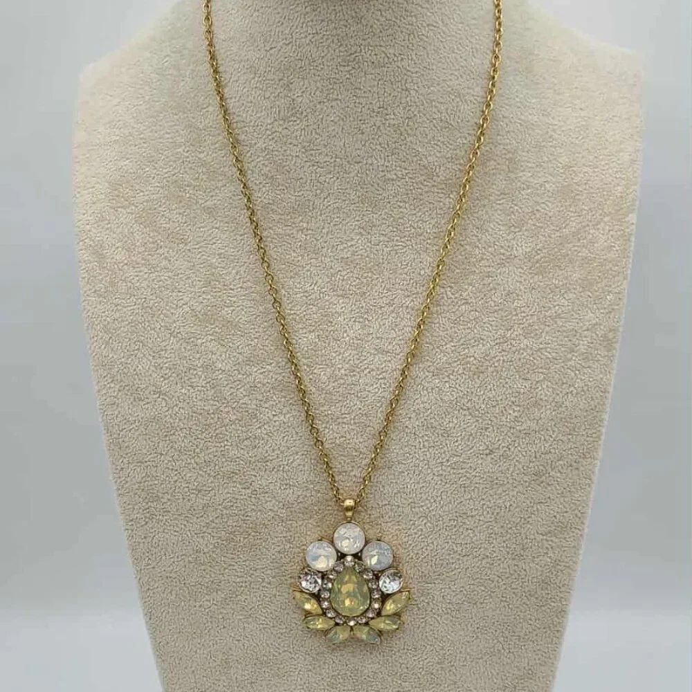 J Crew Large Crystal Pendant on a Long Gold Tone Chain